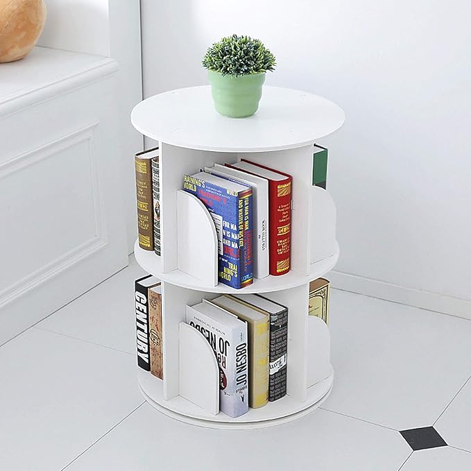White Creative revolving Bookshelf 360 Degree Bookcase Simple Shelf Floor Multi Store White Books