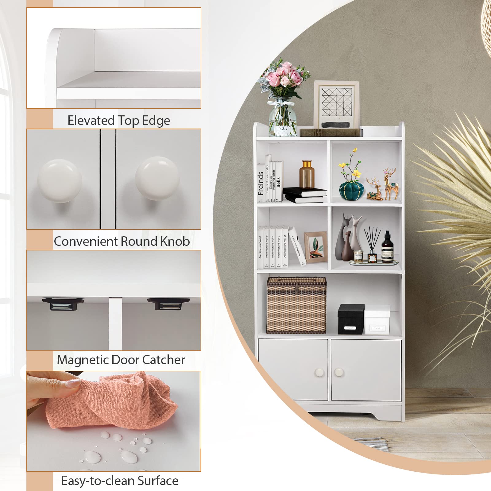 4-Tier Bookcase with Doors, 47.5" Tall Freestanding White Bookshelf with 3 Shelves