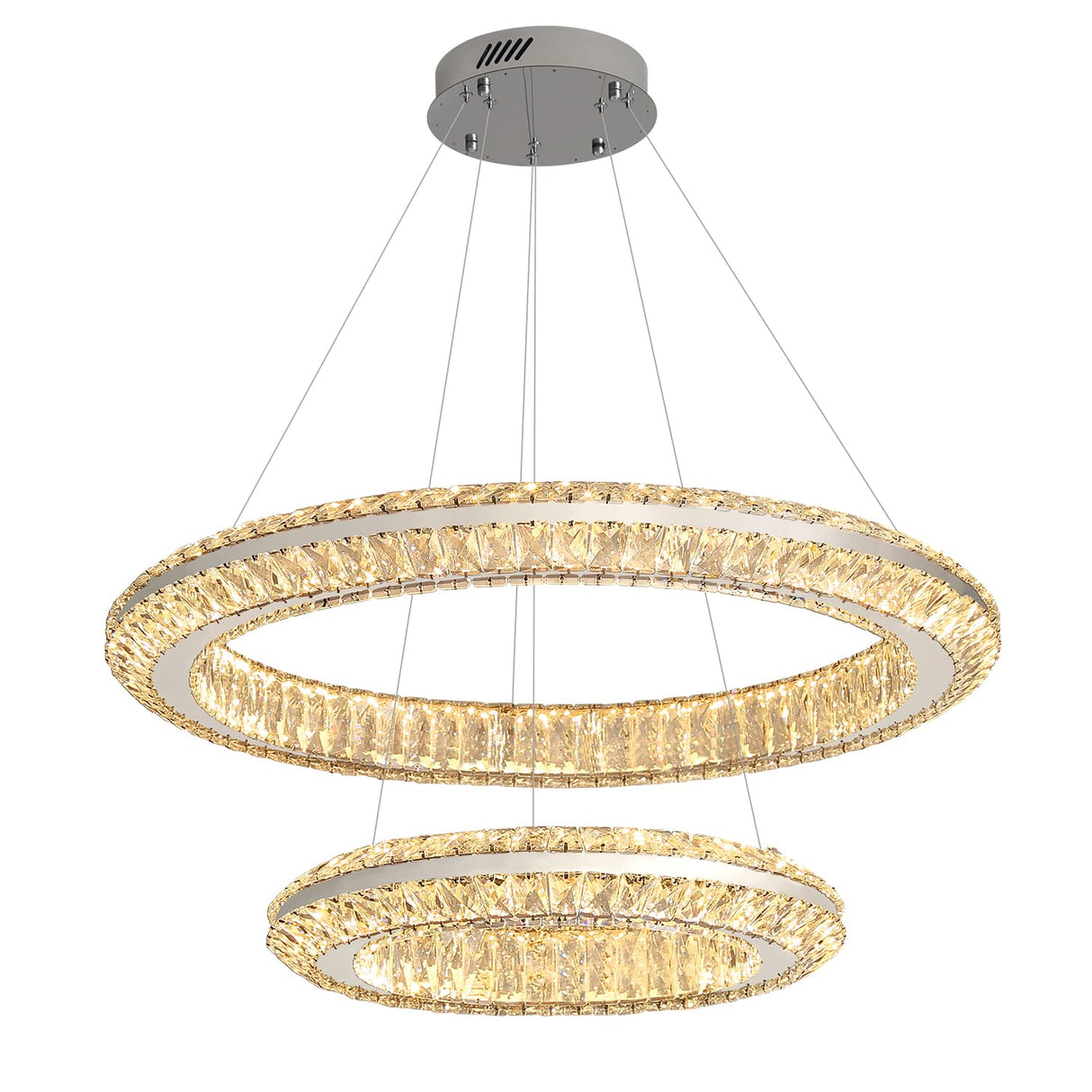 Flashing God 2 Ring Chandelier Modern Crystal Chandeliers LED Pendant Lights Silver Ring Chandelier for Bedroom Dining Room High Ceiling Foyer