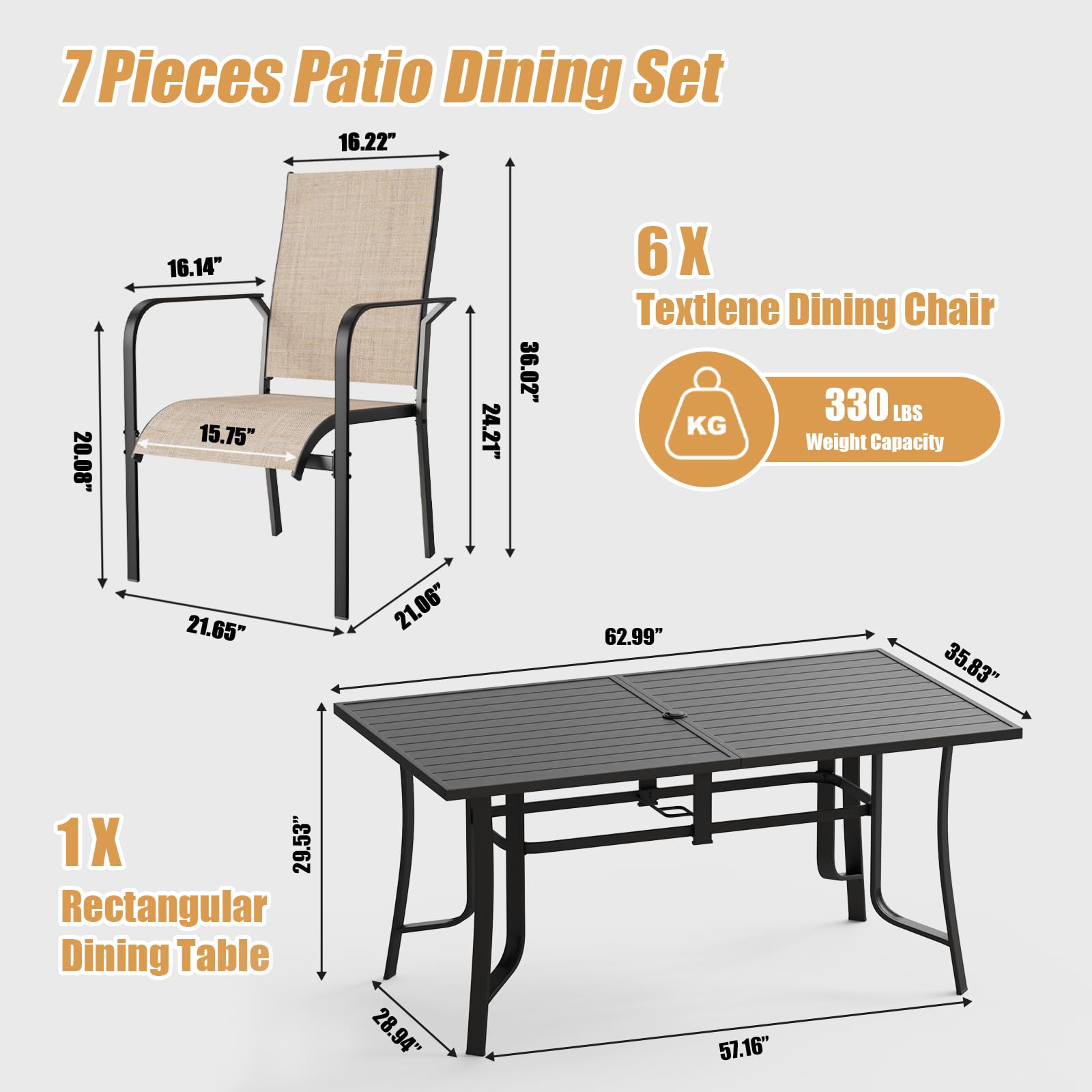 7-Piece Outdoor Patio Dining Set - 6 Stackable Texlin Sling Chairs & 63" Rustproof Steel Table, Weatherproof Low-Maintenance Furniture for Backyard/Balcony/Poolside, Includes 1.57"-1.97" Umbrella Hole