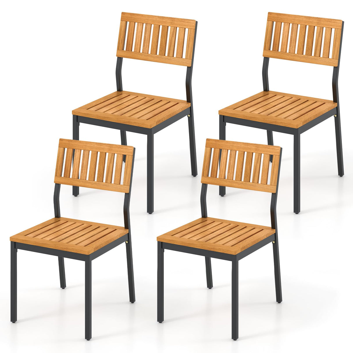 Patio Dining Chair Set of 4, Outdoor Armless Chairs w/Metal and Acacia Wood Frame