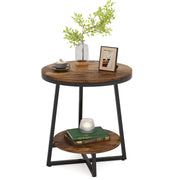 End Table, 2 Tier Round Side Table Accent Table for Living Room, Rustic Brown