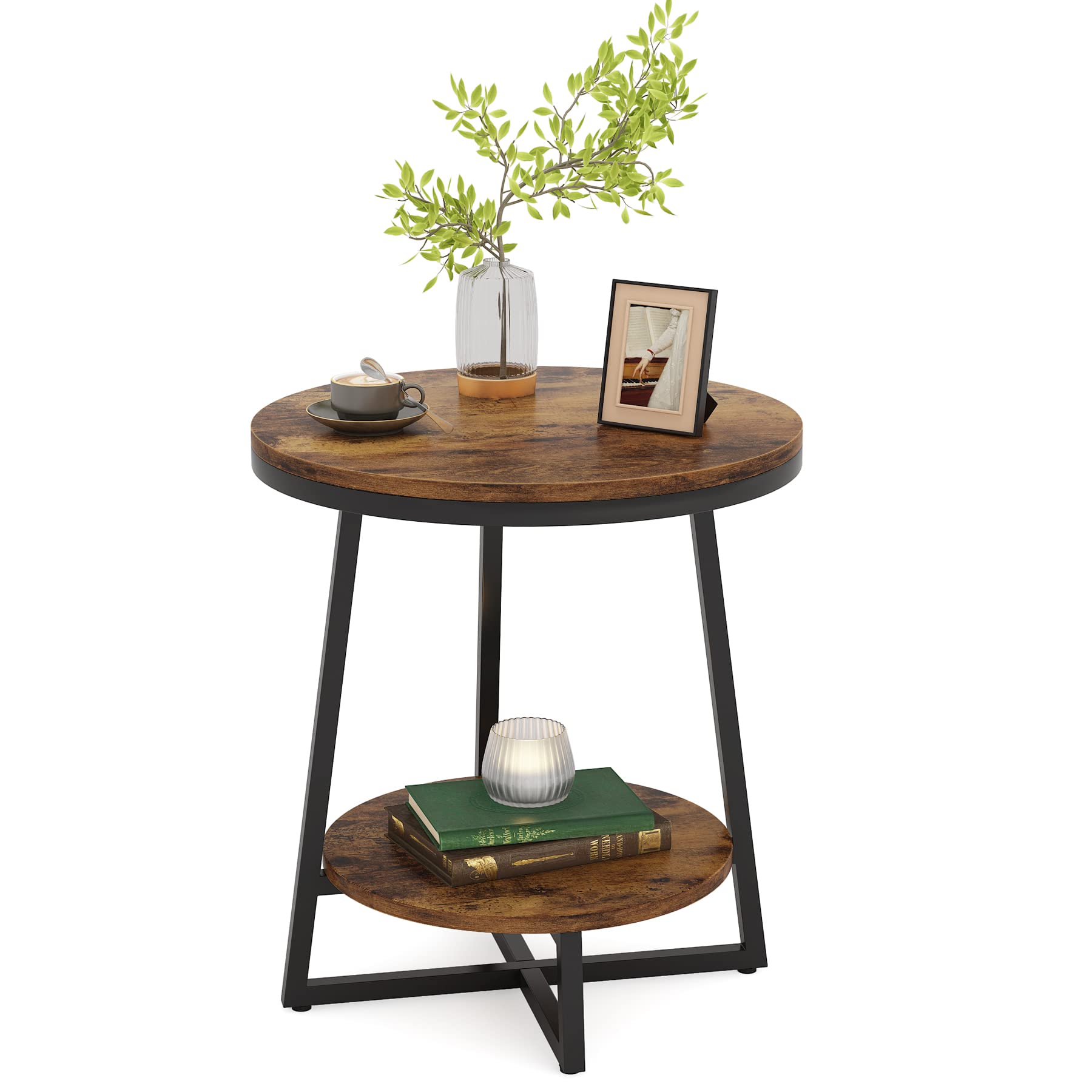 End Table, 2 Tier Round Side Table Accent Table for Living Room, Rustic Brown