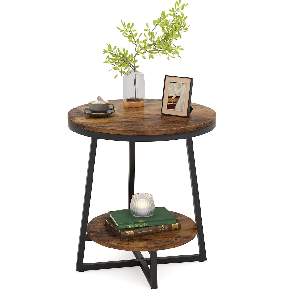 End Table, 2 Tier Round Side Table Accent Table for Living Room, Rustic Brown