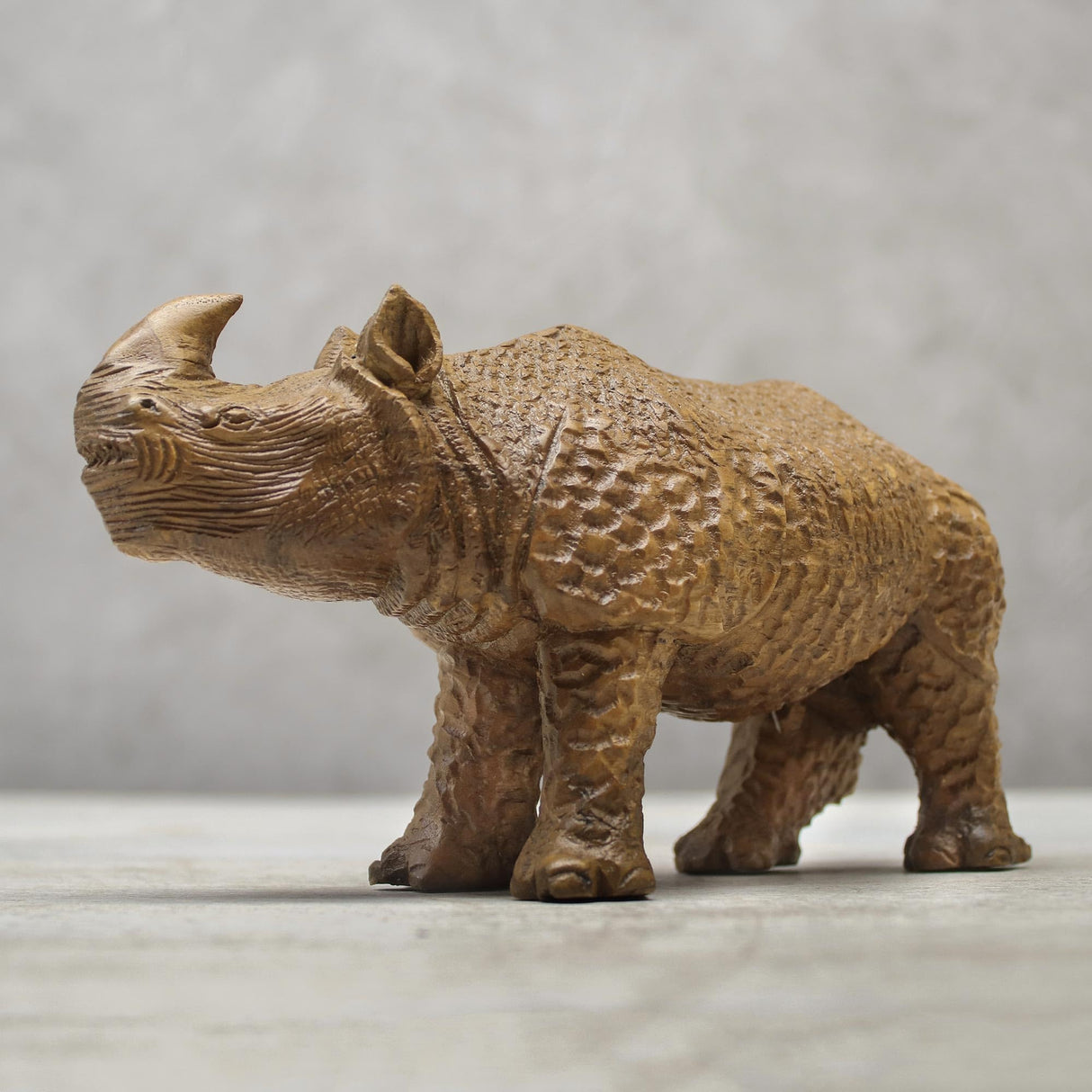 Artisan Handcarved Wood Sculpture Rhino from Thailand Brown Animal Themed