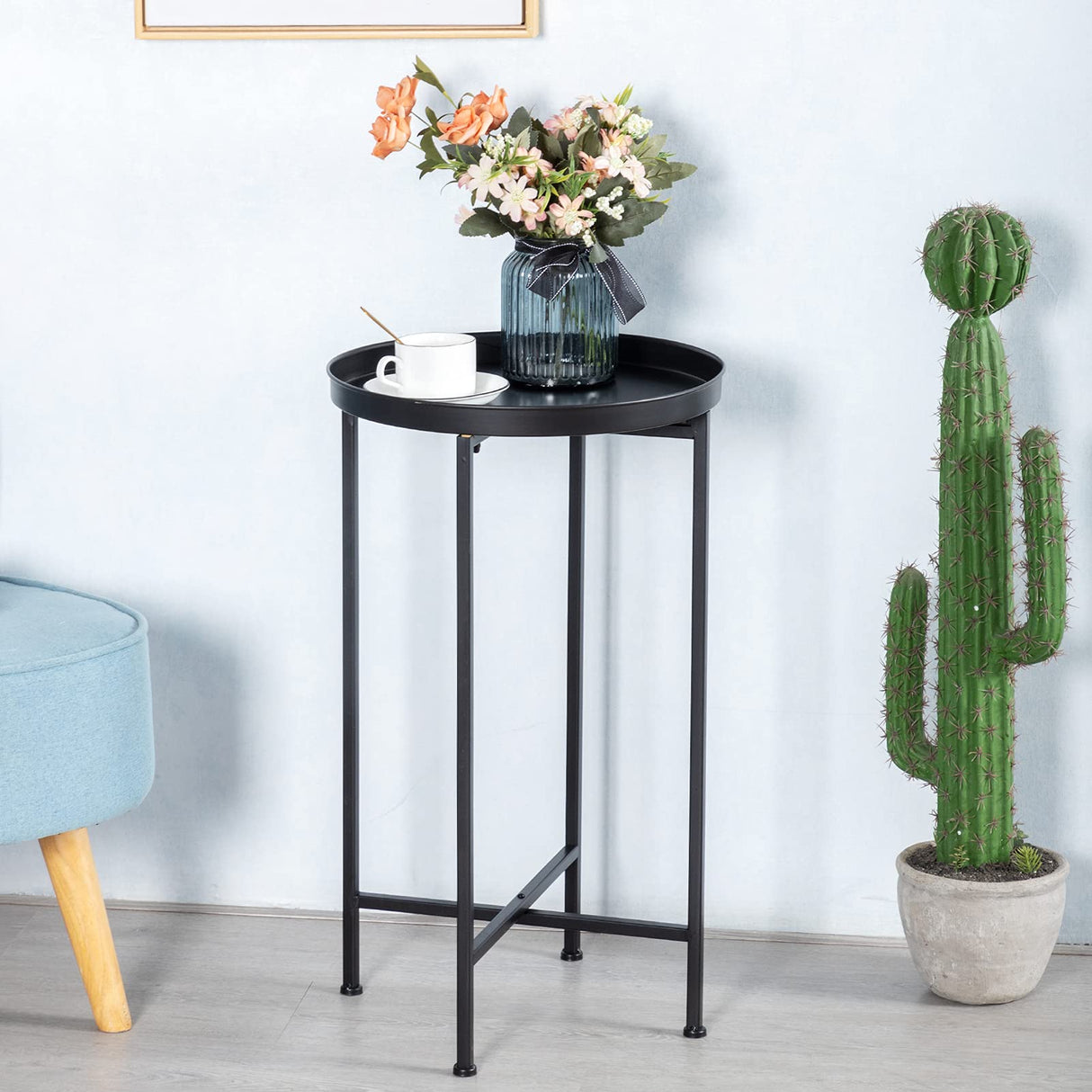 Small Round Metal Waterproof End Table, Accent Indoor&Outdoor Coffee Side Table