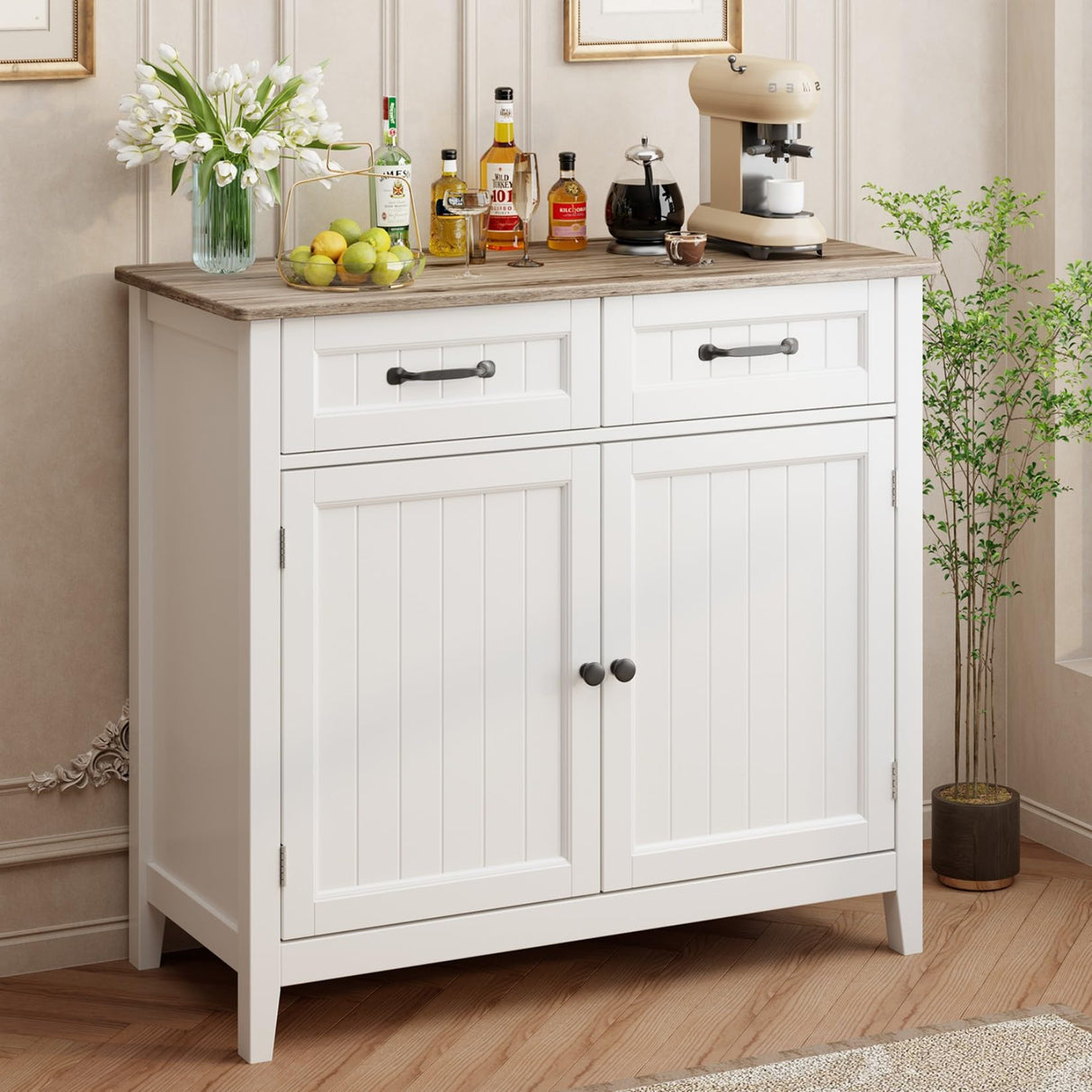 Kitchen Sideboard Buffet Cabinet, 32'' H Large Kitchen Storage Island and Adjustable Shelf