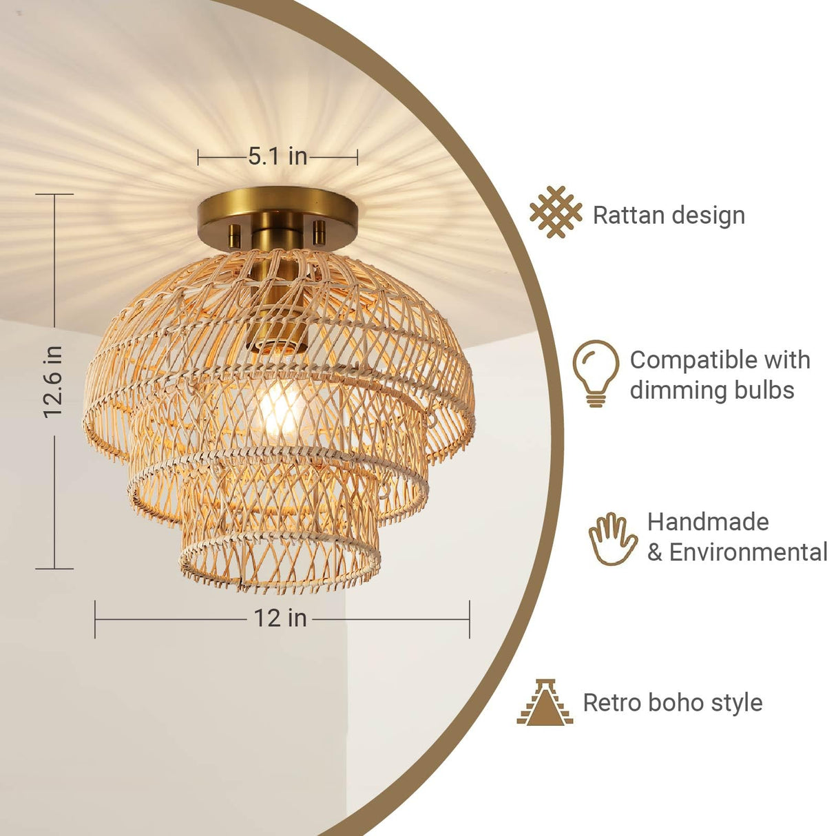 12'' Rattan Ceiling Light Fixtures Boho Chandelier Rattan Semi Flush Mount Ceiling Light
