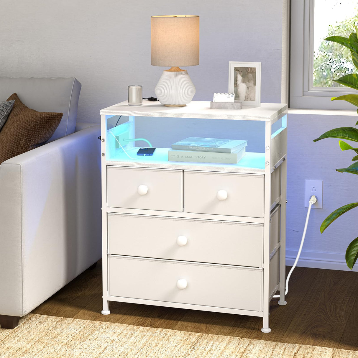 Nightstand with Charging Station, Bedside Table with 4 Drawers and 2-Tier Shelf, Modern