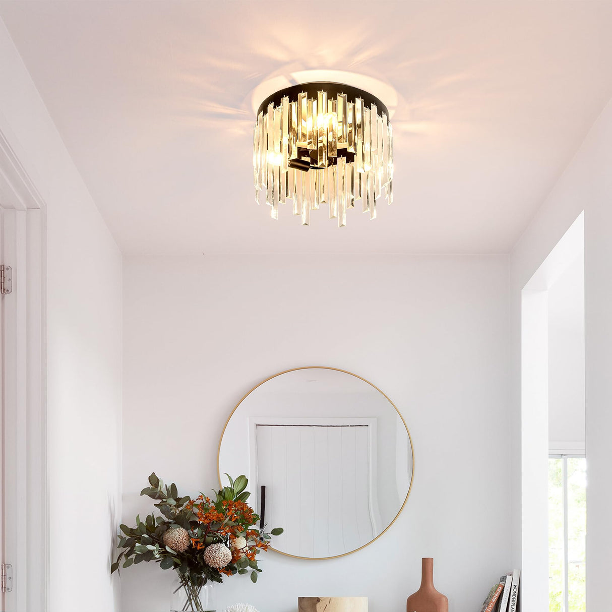 Crystal Ceiling Light, Balck Flush Mount Ceiling Light, Modern Chandelier