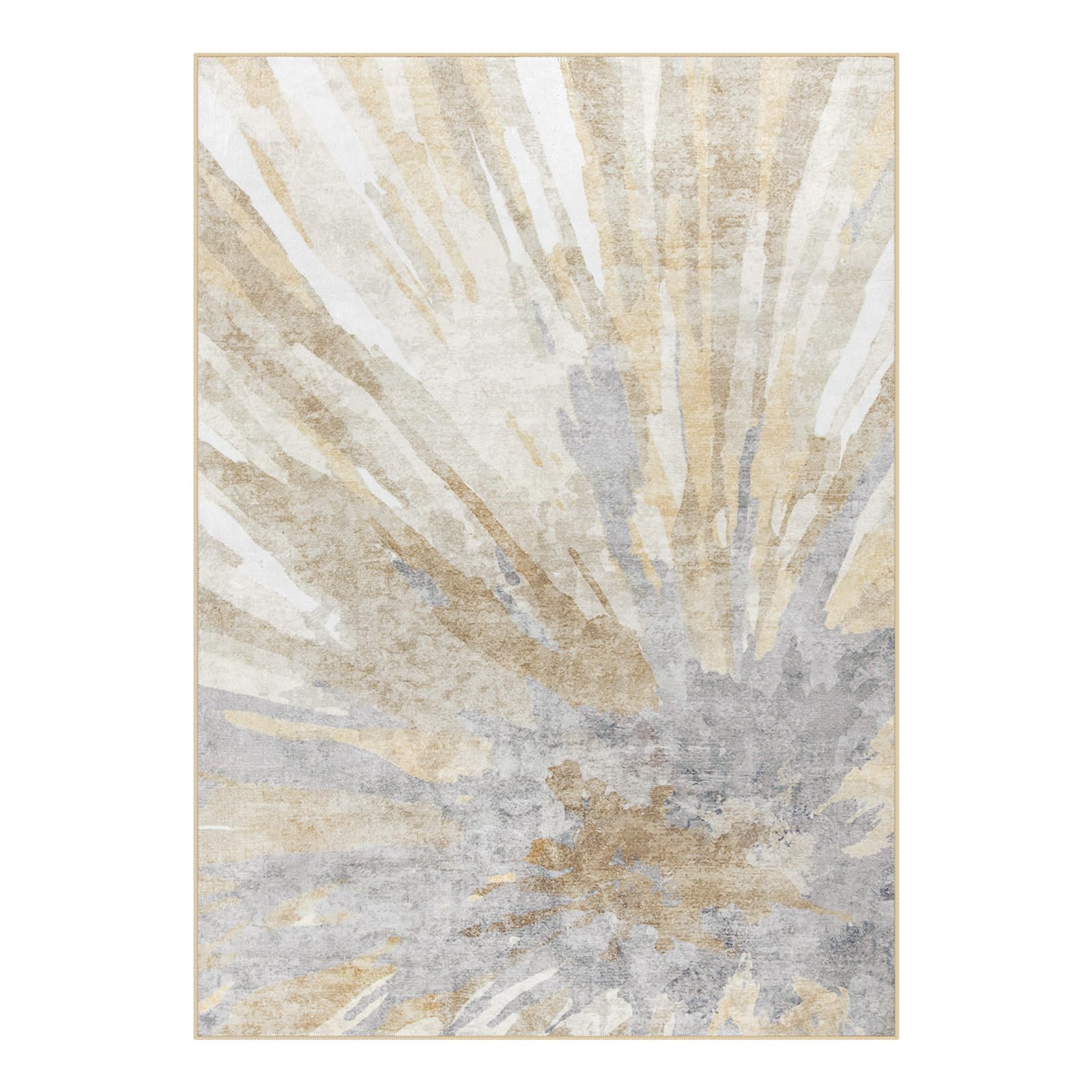 Neutral Abstract 5x7 Area Rug for Bedroom, Soft Low-Pile Faux Wool Living Room Carpet