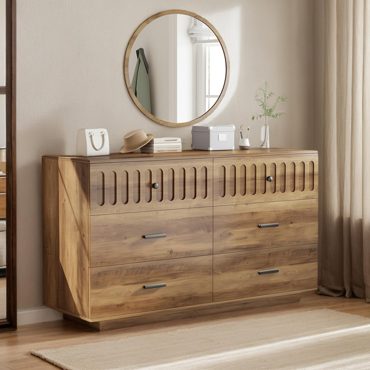 Farmhouse Dresser for Bedroom Modern 6 Drawer Dresser Fluted Chest of Drawers