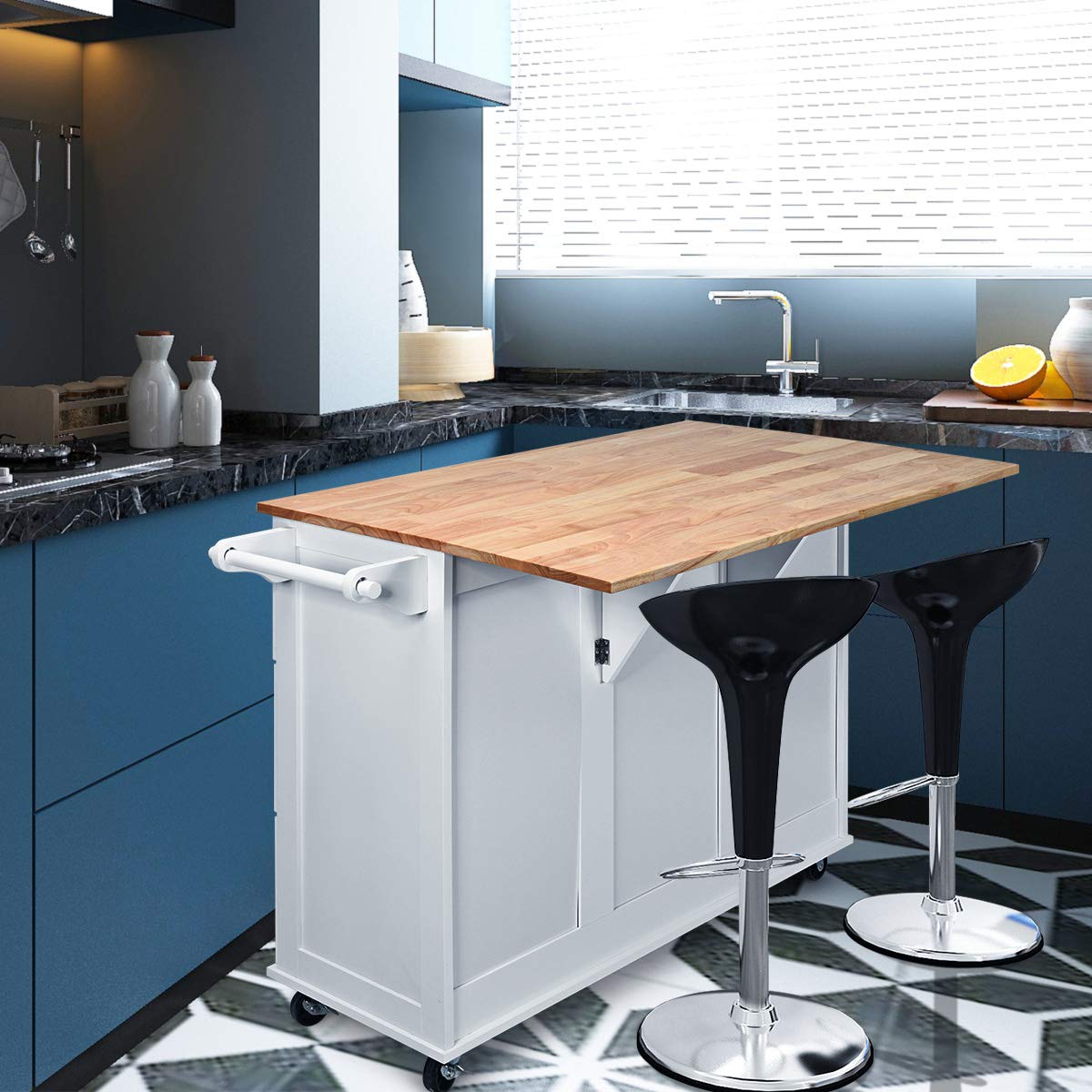 Kitchen Island Cart with Drop-Leaf Tabletop, Large Trolley Cart with Large Cabinet