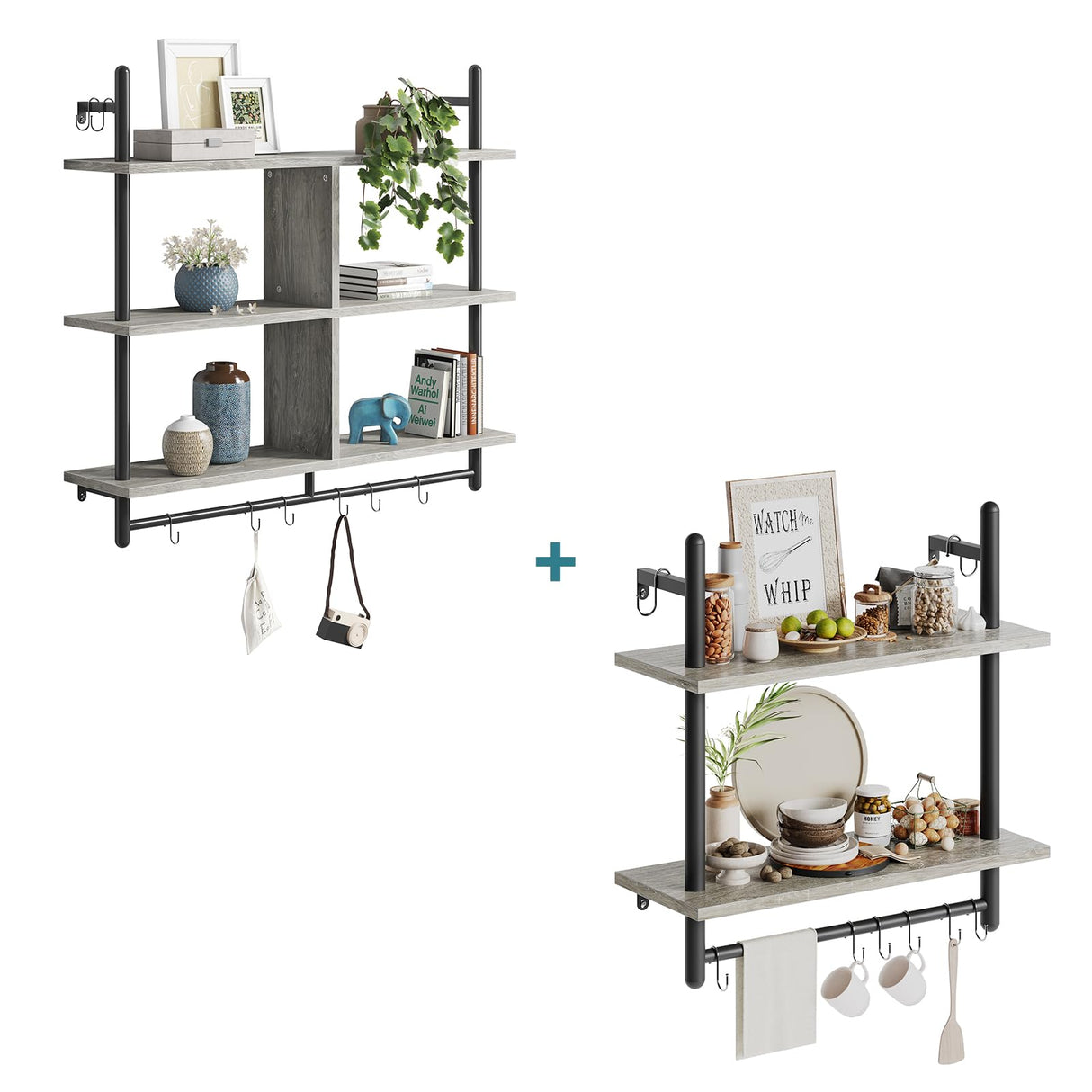 Floating Pipe Shelving Kitchen Shelves 3 Tier & 2 Tier Bundle, Retro Grey Oak-Light