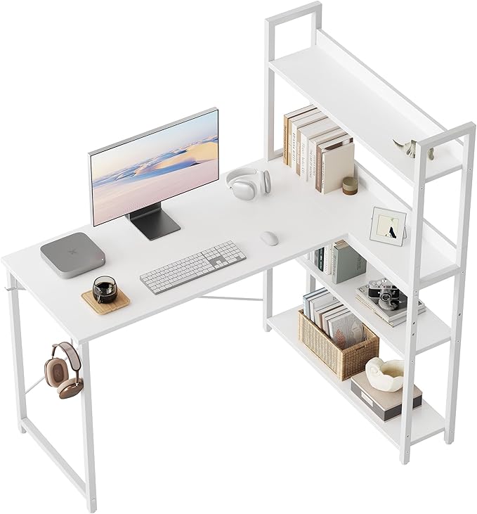 Corner Desk with Storage Shelves, 47 Inch Reversible L Shaped Desk with Bookshelf, Home Office Writing Desk with Hooks, Small L Study Table, Rustic Brown