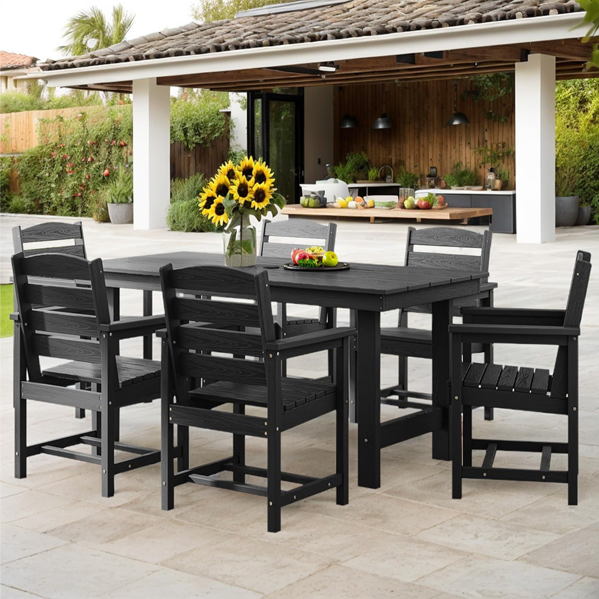7 Piece HDPE Patio Furniture Set for 6, Dining Table and Chairs, Outdoor Table
