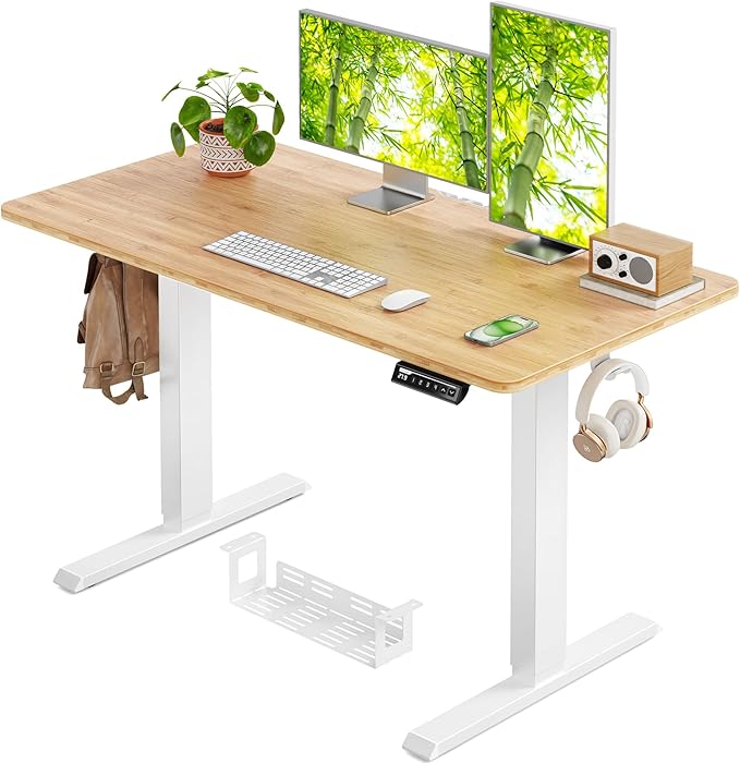 Whole Piece Standing Desk with Bamboo Desktop, Adjustable Stand Up Desk for Home Office, Electric Computer Desk Workstation with Cable Management Tray, 48x24 inch, Bamboo, EGESD64RB