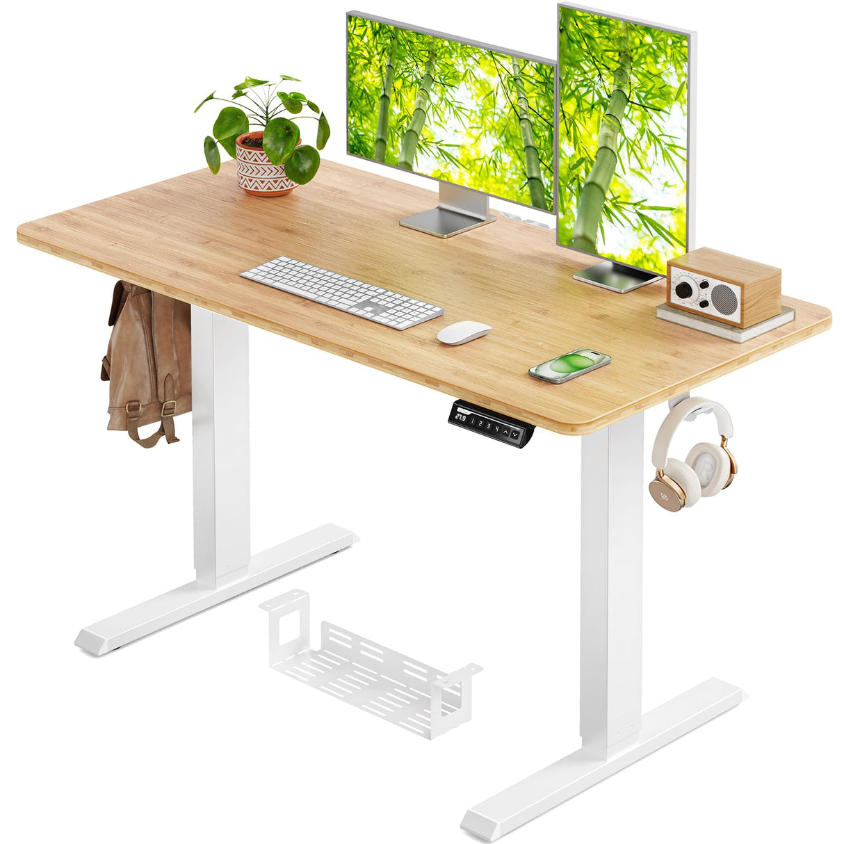 Whole Piece Standing Desk with Bamboo Desktop, Adjustable Stand Up Desk for Home Office, Electric Computer Desk Workstation with Cable Management Tray, 48x24 inch, Bamboo, EGESD64RB