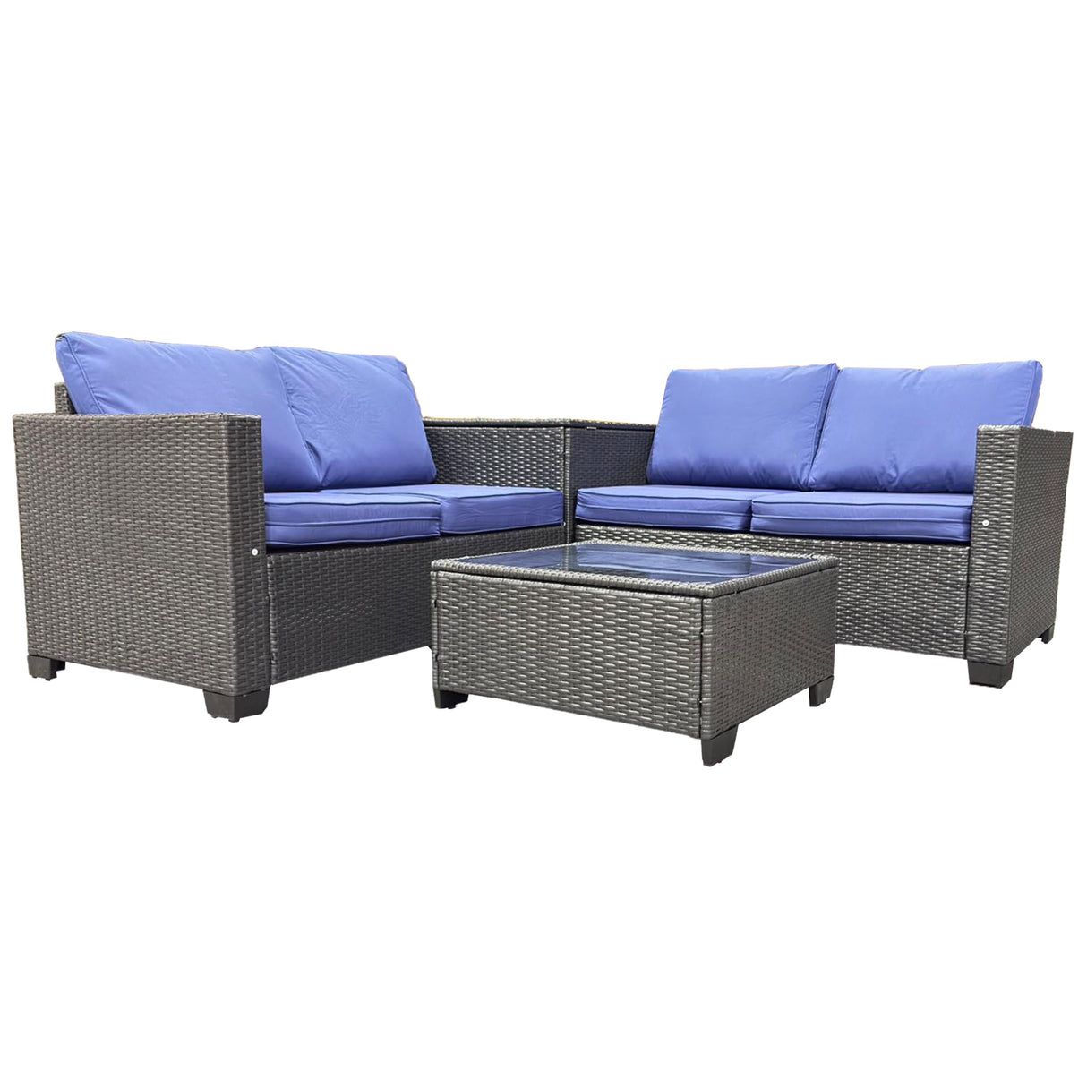 4-Piece Outdoor Patio Furniture Set with Glass Table and Storage Box - Blue Cushions