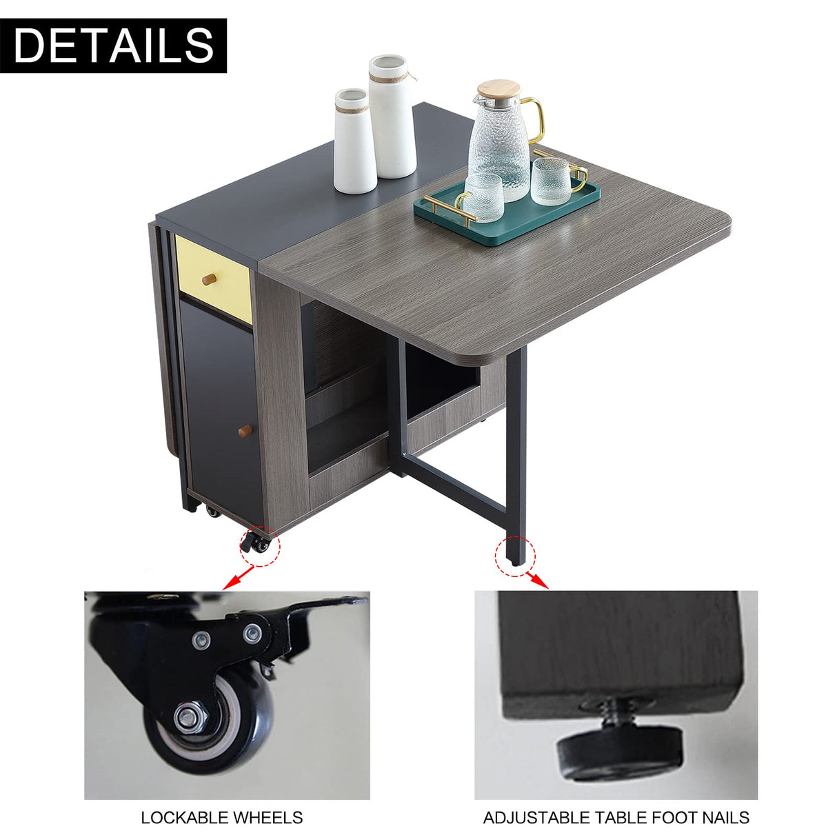 Folding Dining Table with Storage Rack and 2 Drawers