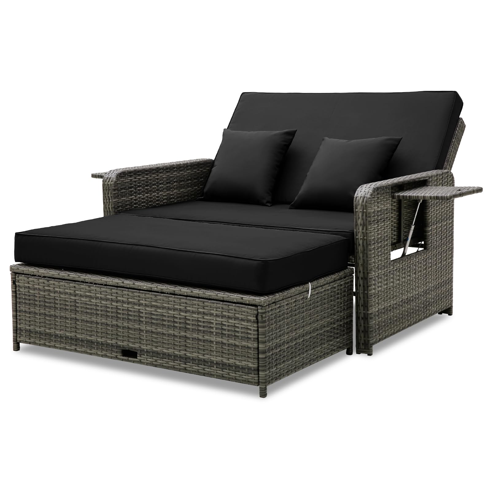 Patio Rattan Daybed Set, Wicker Loveseat Sofa w/Multipurpose Ottoman & Retractable