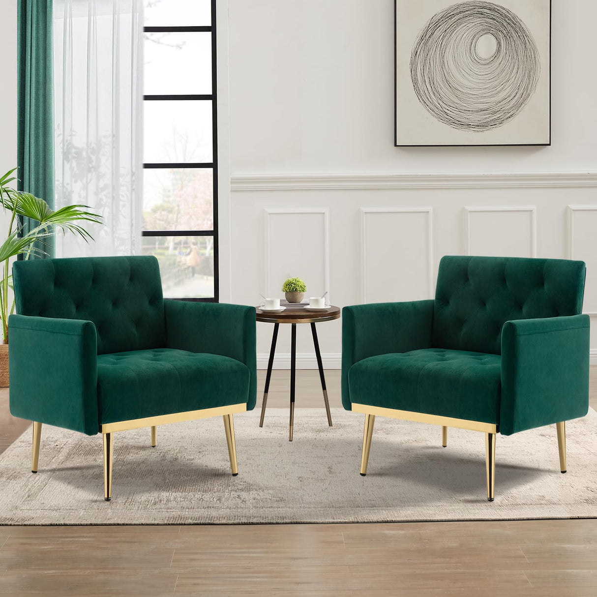 Green Velvet Accent Chairs Set of 2, Comfy Button Tufted Armchair, Upholstered Arm