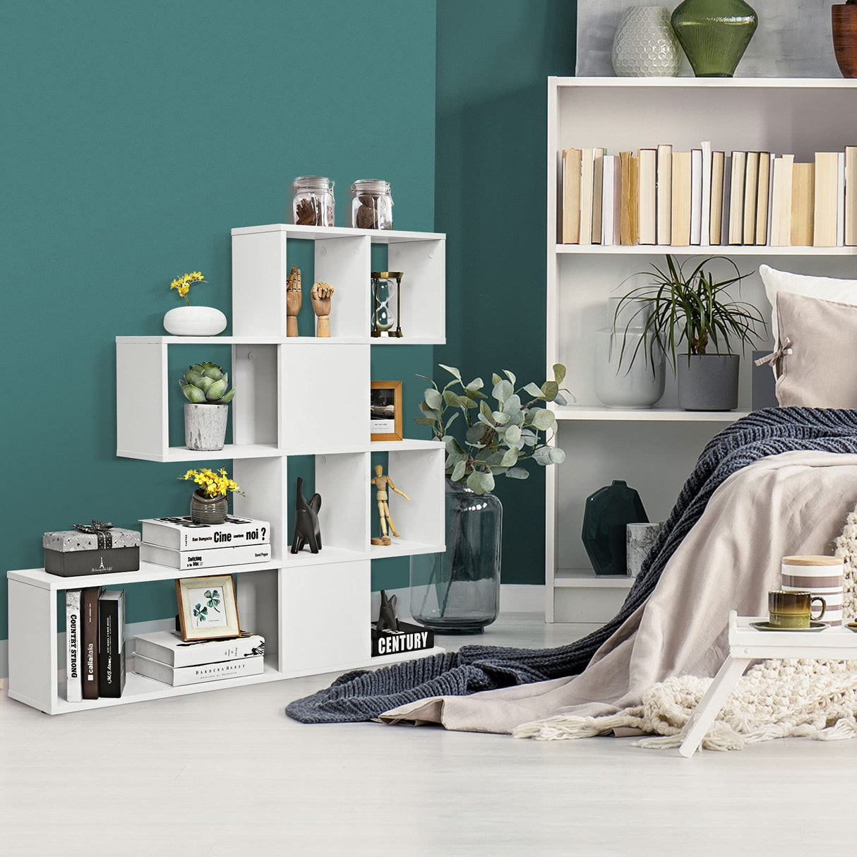 16 Shelves Bookshelf, Open Shelf Bookcase, 5-Tier Display Shelf Storage Organizer for Home Office Living Room, Wood Bookshelf Storage Cube Organizer, 47 x 8 x 43 Inch