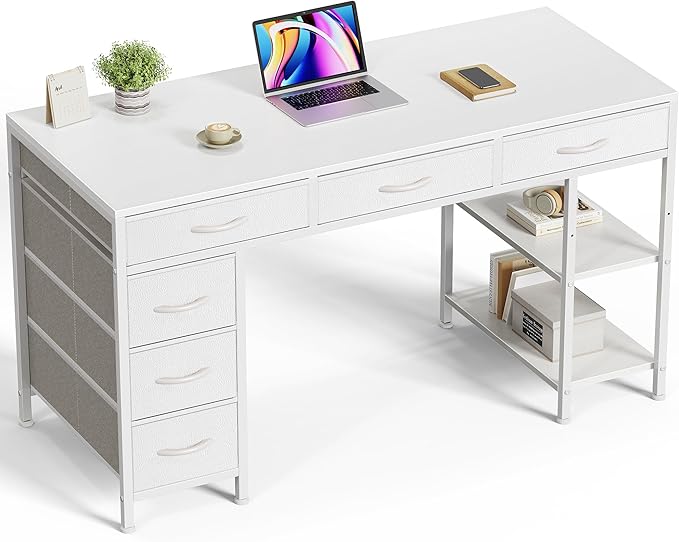 Computer Desk with 6 Drawers, 54 Inch Office Desk with Shelves, Reversible Gaming Desk