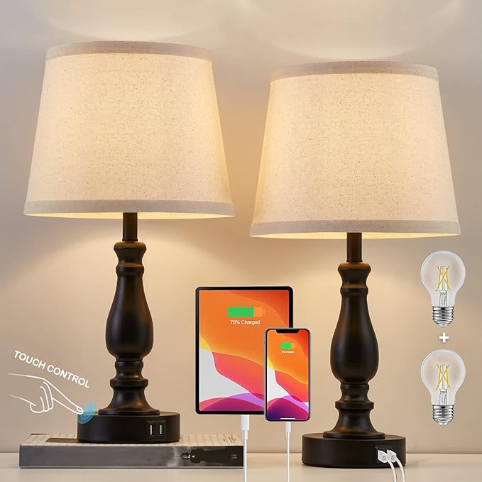 Table Lamps Set of 2, Bedside Nightstand Lamps with USB Charging Ports