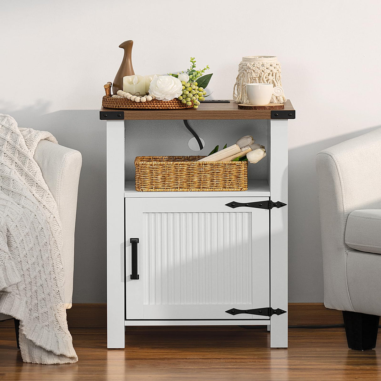 Nightstand with Charger Station and USB Port, 18 Inch Farmhouse Night Stand with Storage Shelf,