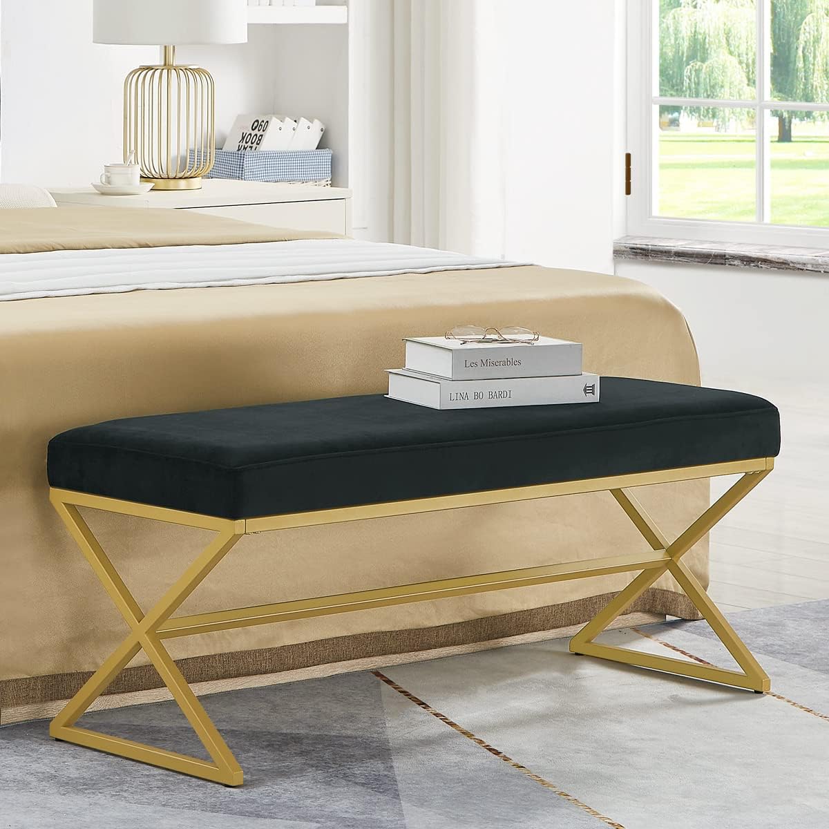Velvet Upholstered Entryway Bench with Metal Leg, Padded Bedroom Bench