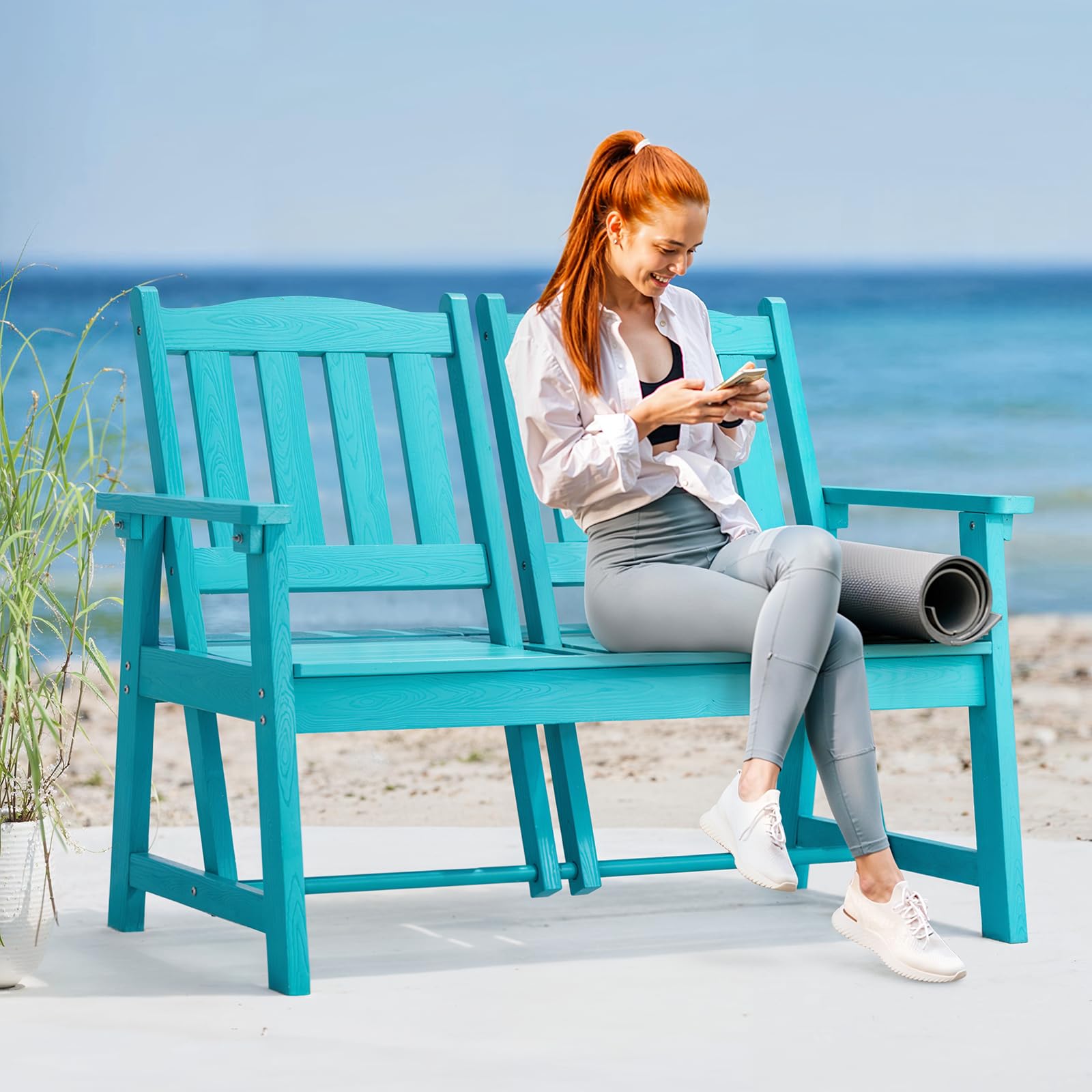 Outdoor Bench, 2-Person Weatherproof Garden Bench with Adjustable Backrest