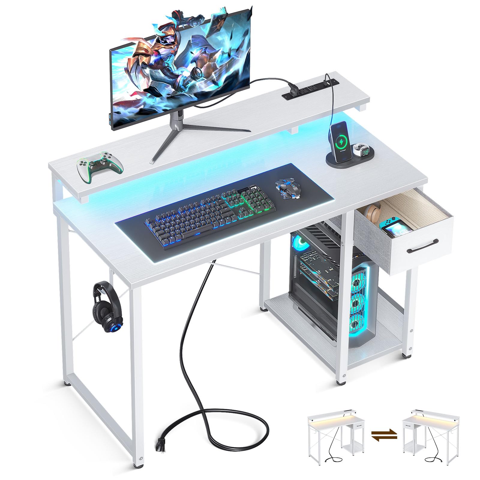 Gaming Desk with LED Lights & Power Outlet, 40 Inch Computer Desk with Drawer,