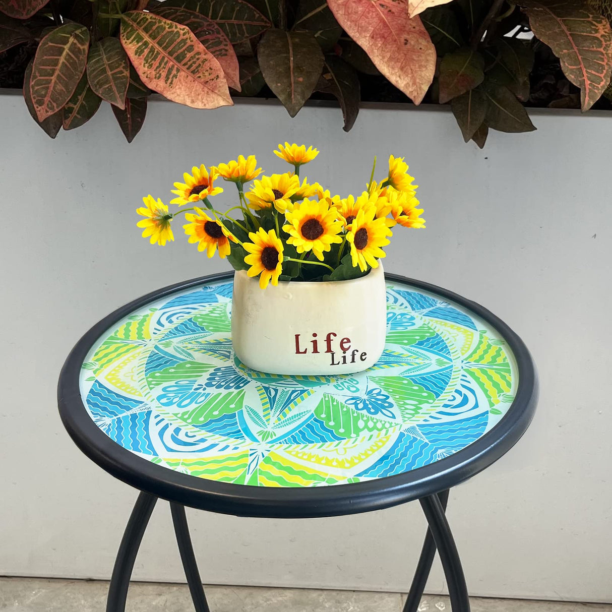 Mosaic Outdoor Side Table, 14" Round Patio Side Table, Mosaic Plant Stand, End Table