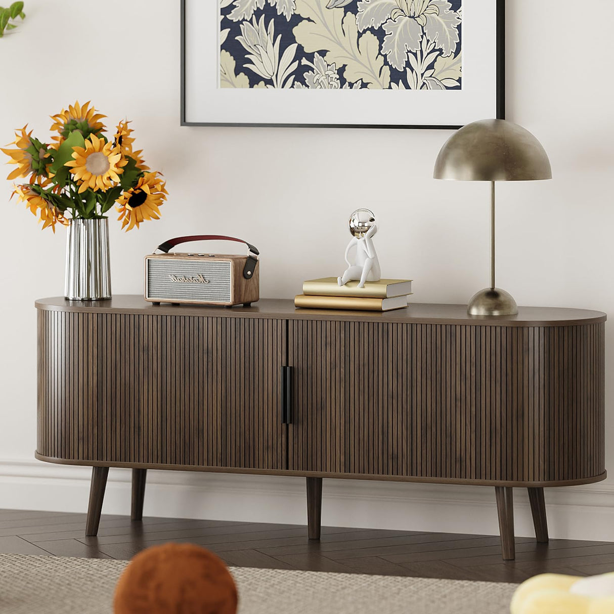 Fluted TV Stand Mid Century 59" TV and Media Console Table with Storage Shelf