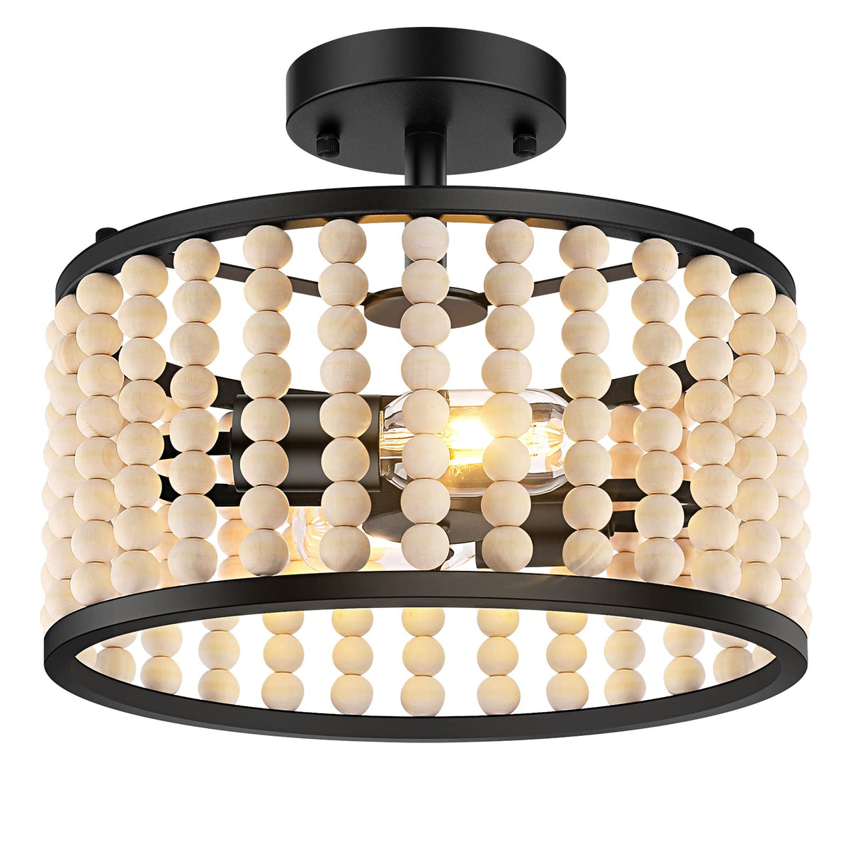 Farmhouse Boho Light Fixture - Wood Beaded Chandelier, Rustic Semi Flush Mount Ceiling Light, Black 2-Light Nursery Light Fixture for Kitchen Island Foyer Hallway Bedroom Living Room, E26 Base