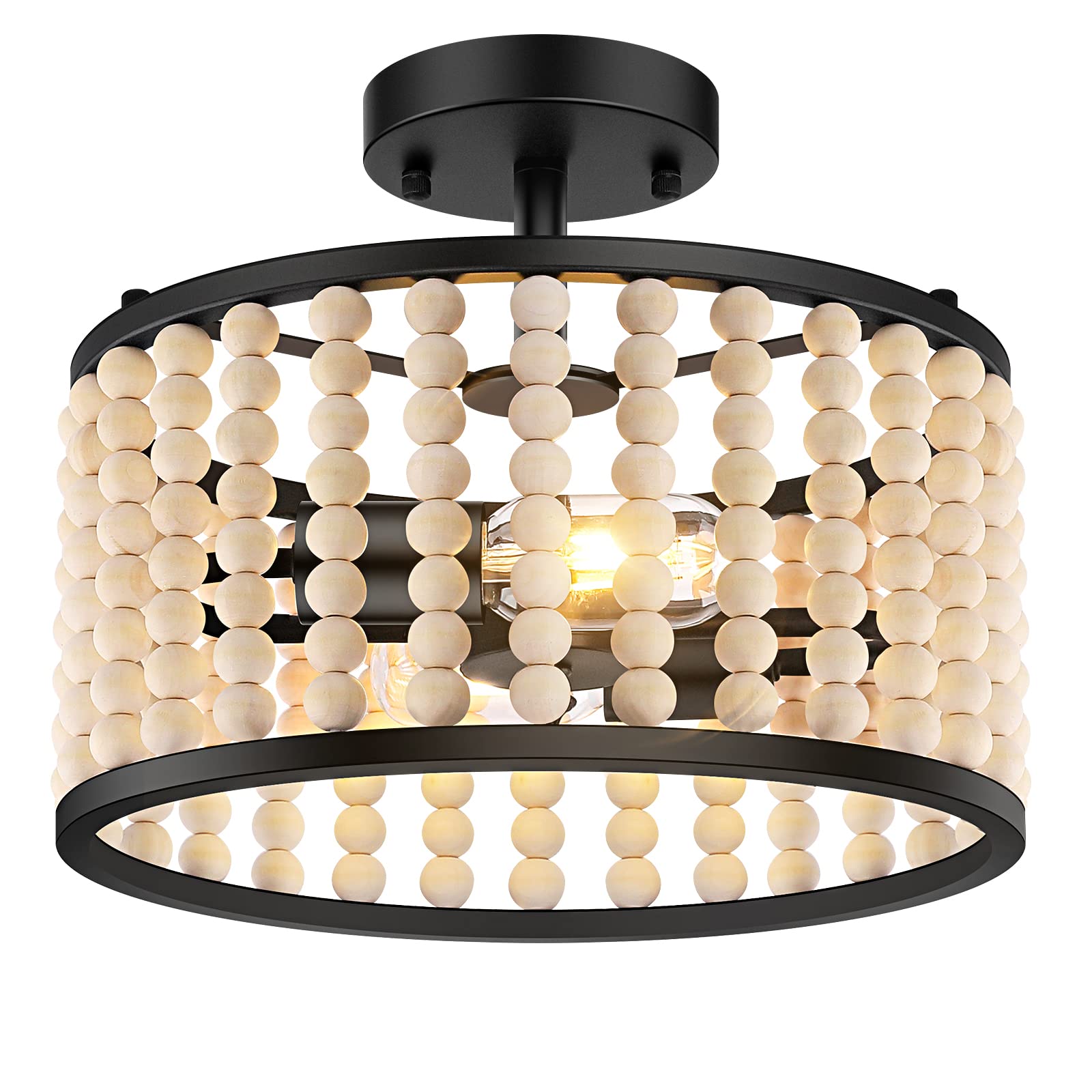 Farmhouse Boho Light Fixture - Wood Beaded Chandelier, Rustic Semi Flush Mount Ceiling Light, Black 2-Light Nursery Light Fixture for Kitchen Island Foyer Hallway Bedroom Living Room, E26 Base