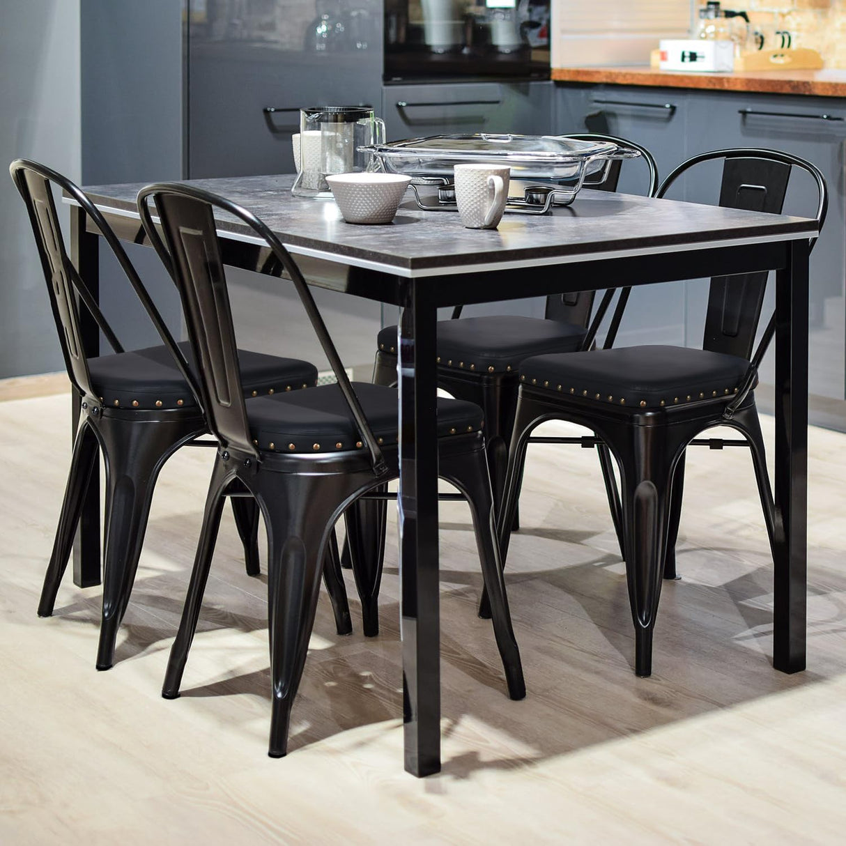 4pcs Metal Dining Chairs with PU Leather Seat High Back Soft Cushioned Industrial Classic Iron Chairs
