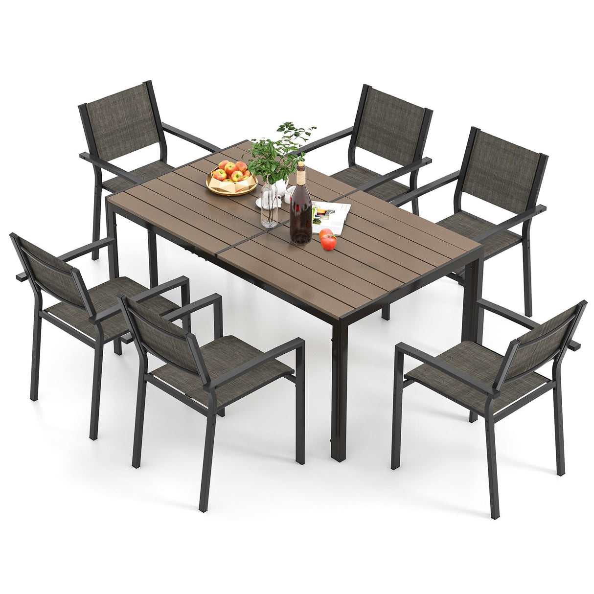 7 Piece Outdoor Dining Set, Patio Furniture Set w/ 6 Stackable Chairs & Large Rectangle Table