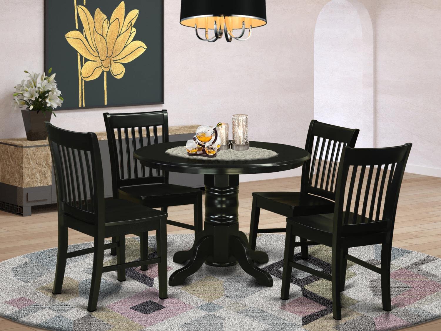 SHNO5-BLK-W 5 Piece Dining Set Includes a Round Dining Room Table with Pedestal and 4