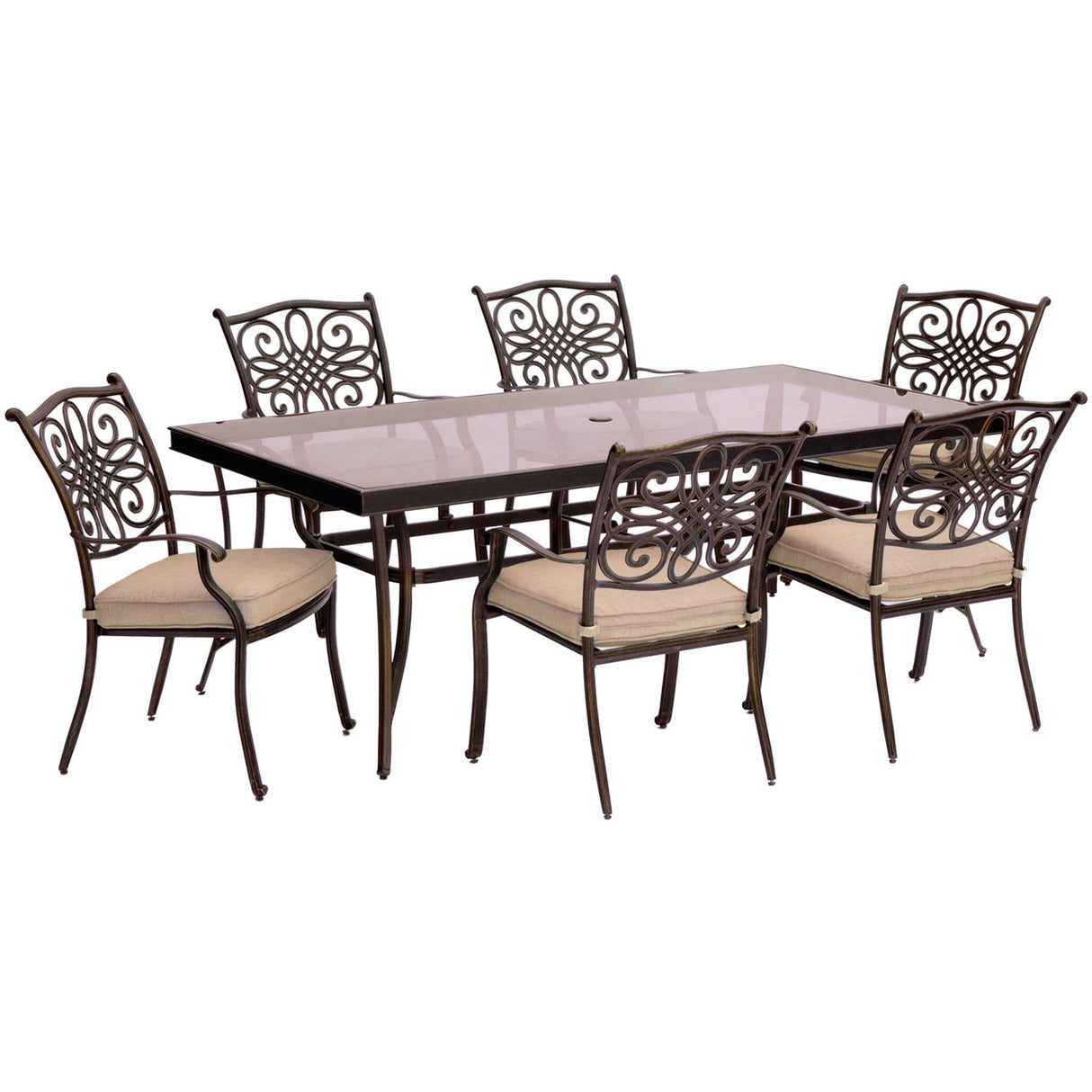 7-Piece Outdoor Dining Set with 6 Stationary Chairs, 6 Weather Resistant Cushions