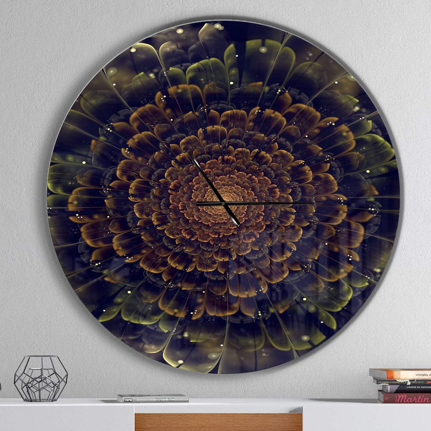 'Orange Fractal Flower with Green' Oversized Modern Metal Clock Large