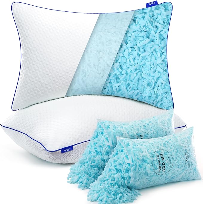 Foam Pillows Queen Size Set of 2, Adjustable Firm Pillows for Side Back Stomach Sleepers,