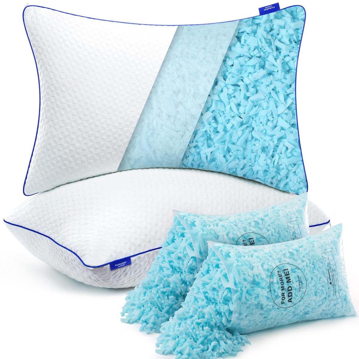 Foam Pillows Queen Size Set of 2, Adjustable Firm Pillows