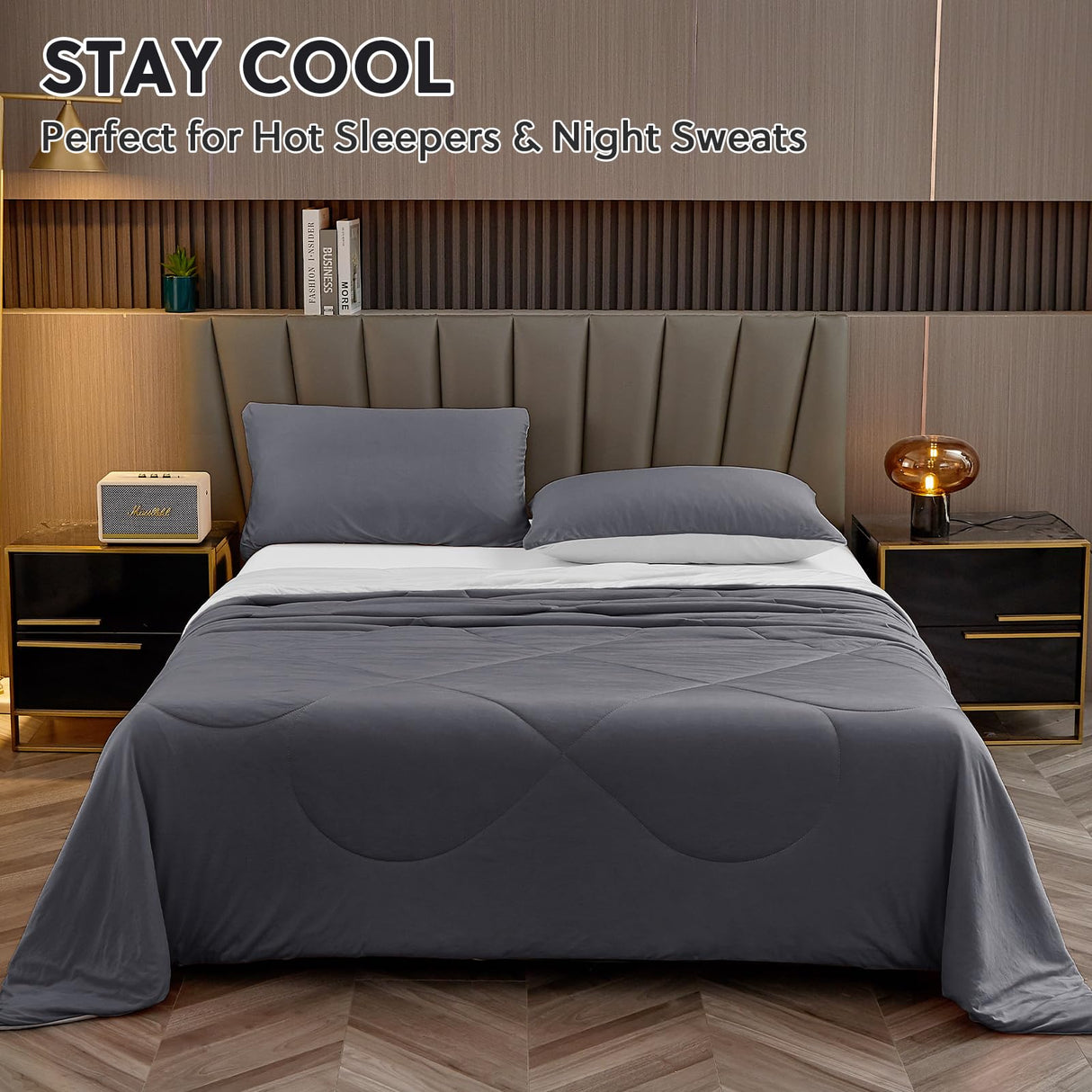 HOMFINE Cooling Comforter Japanese Double-Sided Cold Tech Fabric Cooling Blanket for Night Sweats Hot Sleepers, Q-Max 0.45 Soft Breathable Silky Smooth Lightweight Grey Summer Comforter Queen
