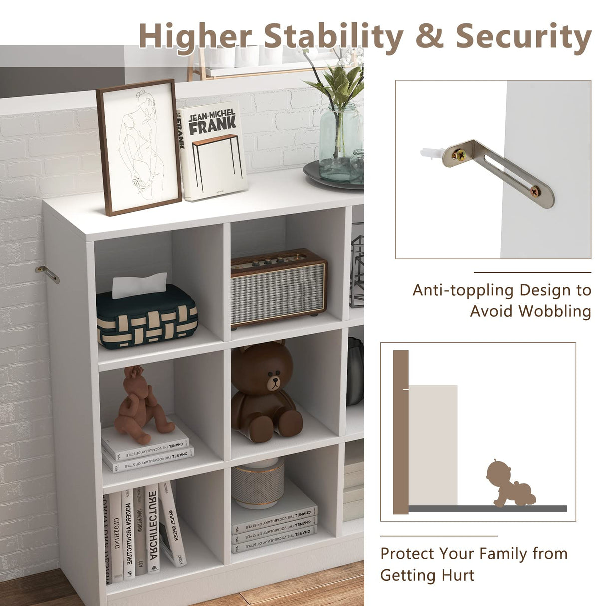 9-Cube Bookshelf, Freestanding Open Bookcase, Modern Cube Storage with Anti-toppling