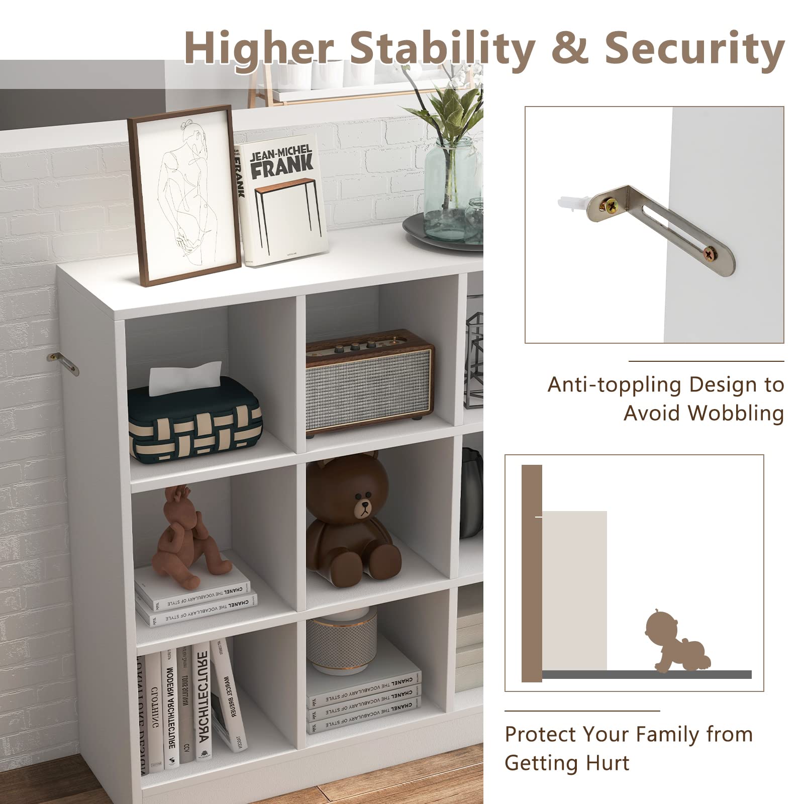 9-Cube Bookshelf, Freestanding Open Bookcase, Modern Cube Storage with Anti-toppling