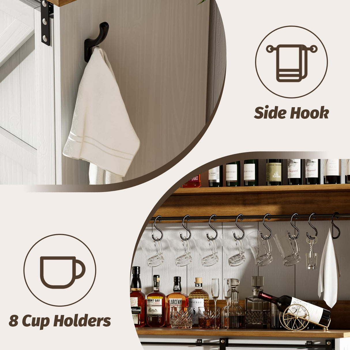 Farmhouse Coffee Bar Cabinet with 8 Hooks, 55ā Kitchen Hutch Cabinet with Storage