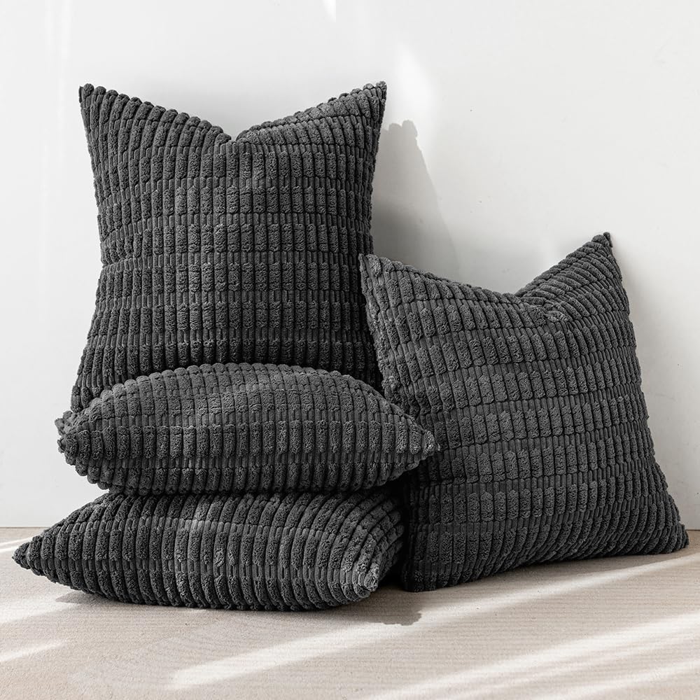 Pack of 4 Dark Grey Corduroy Decorative Throw Pillow Covers 18x18 Inch Soft Boho Striped