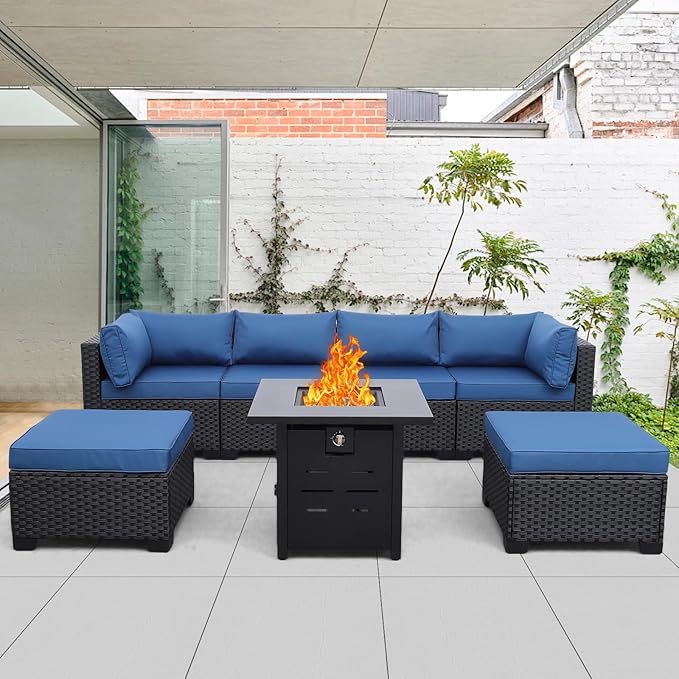 7 Pieces Outdoor PE Wicker Furniture Set Patio Rattan Sectional Conversation Sofa Set